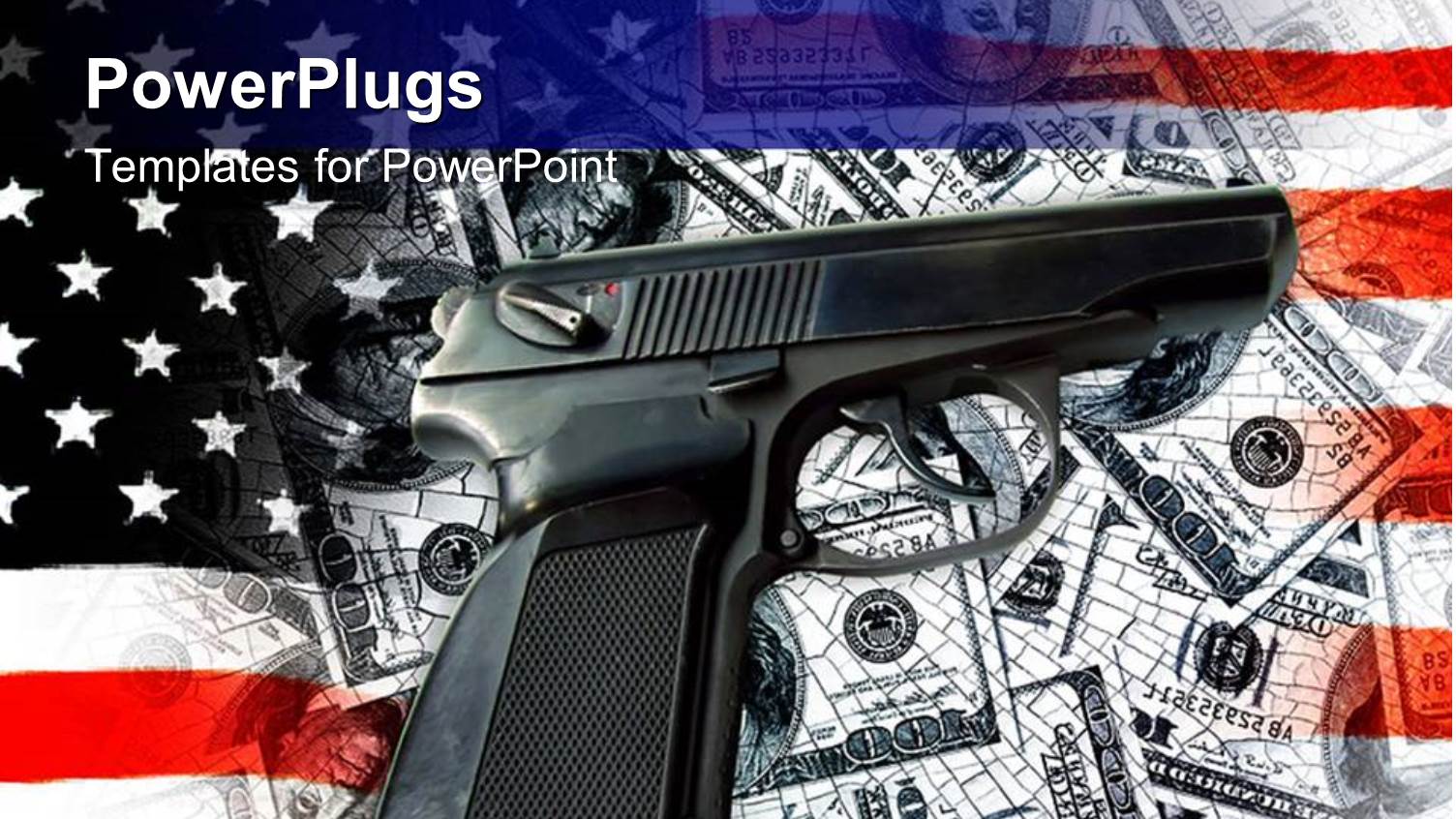Short Black Gun on Lots of Dollar Bills and an American Flag