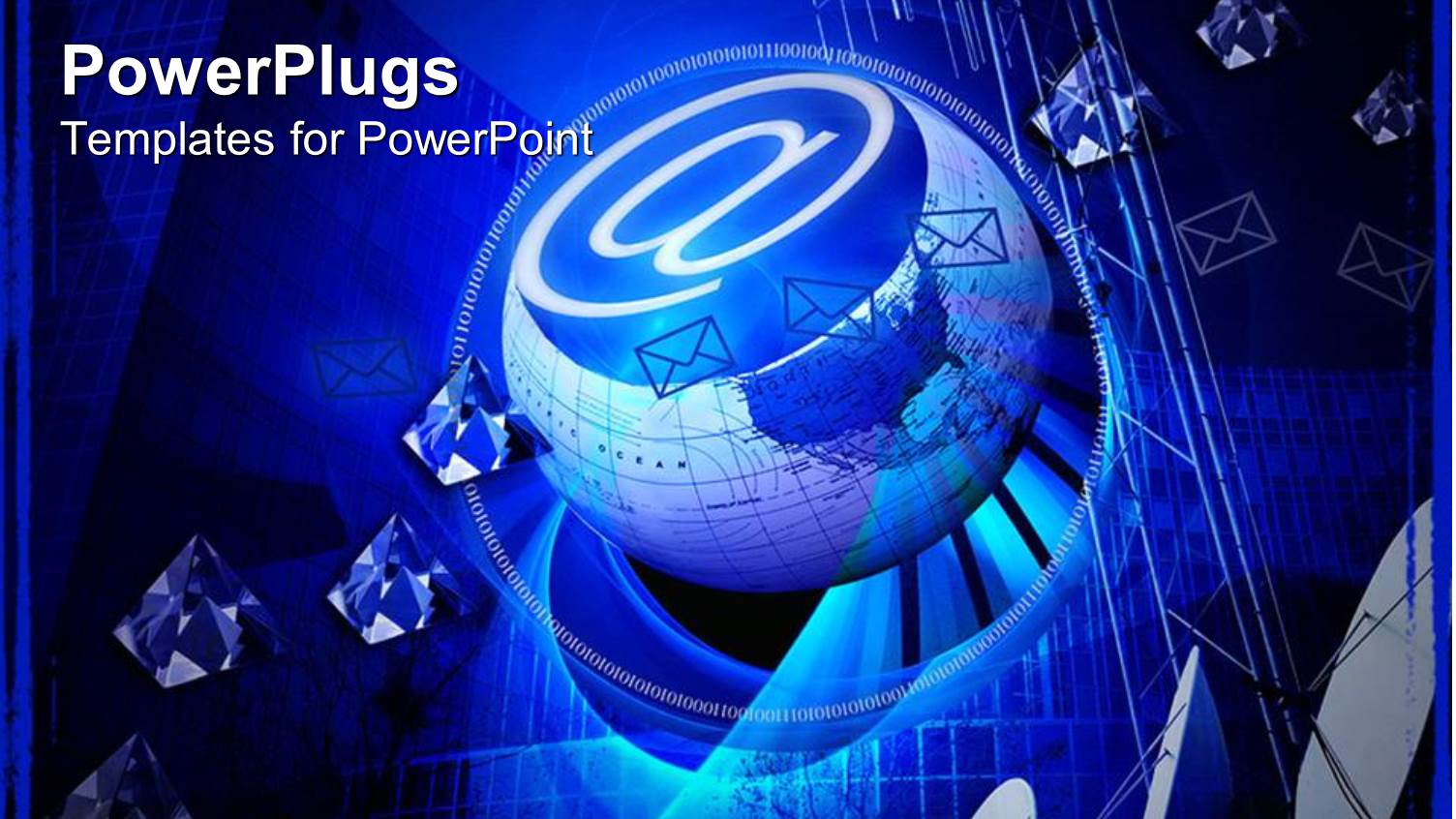 at Sign in Globe with Satellite Dishes and Envelopes on Blue Background