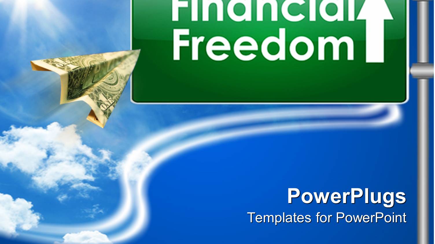 Sign Post with Financial Freedom and Arrow Pointing Ahead and Paper Plane Made of Dollar Bill Flying to Signpost Over