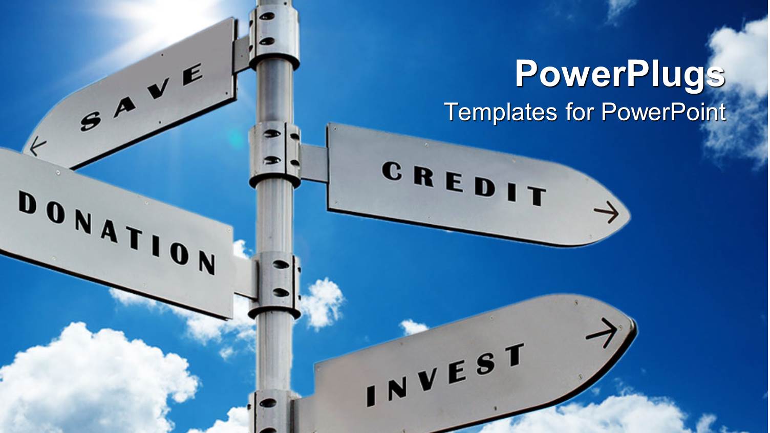 Signpost with Financial Related Words on Signs with Arrows, Save Credit Donation Invest Over Blue Sky Background