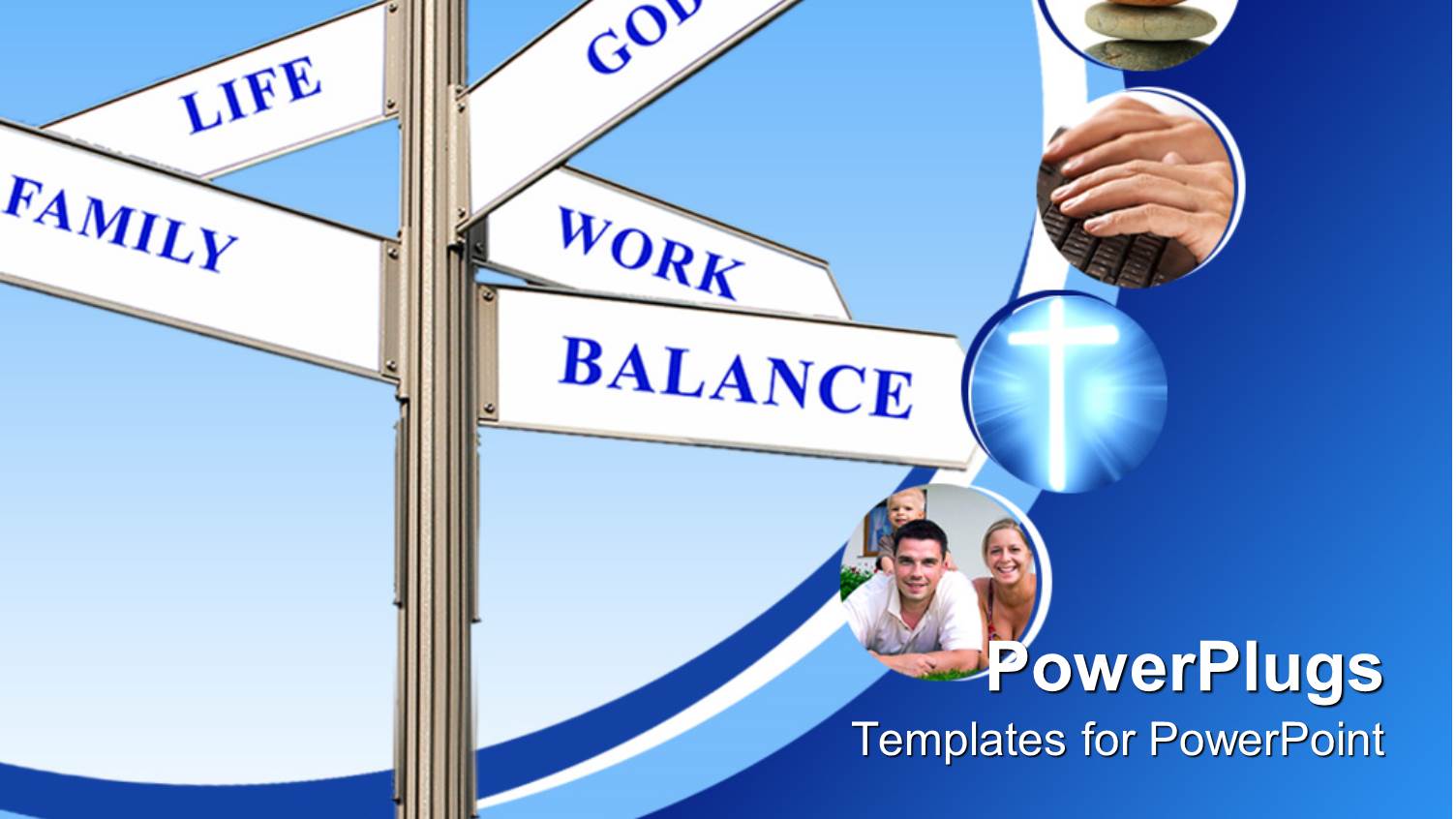 Signpost with Words Life, Family, God, Work and Balance on White Signs and Depictions of Flower on Stones, Hands