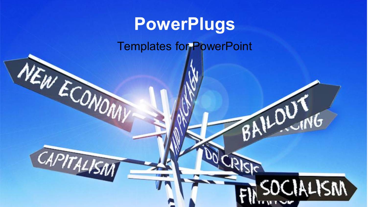 Signpost with World Economy Related Terms Over Blue Sky