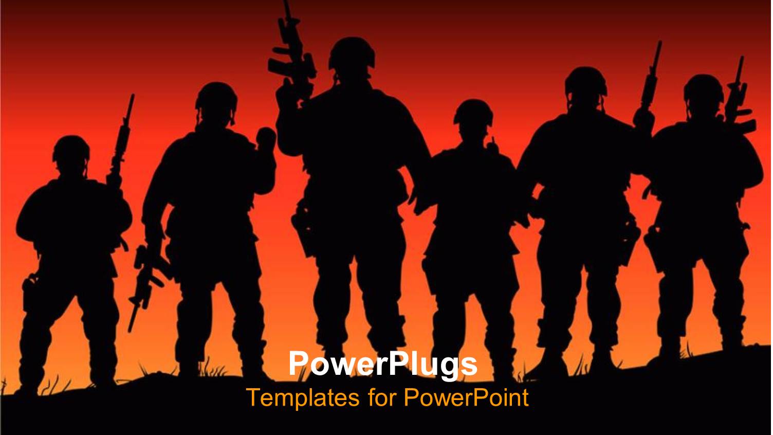 Silhouette of Armed Uniformed Soldiers on Hill with Sunset Red Orange Background