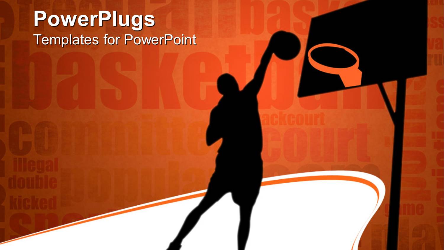 Silhouette of Basketball Player Throwing Ball in the Hoop Bastetball Related Words on Orange Background