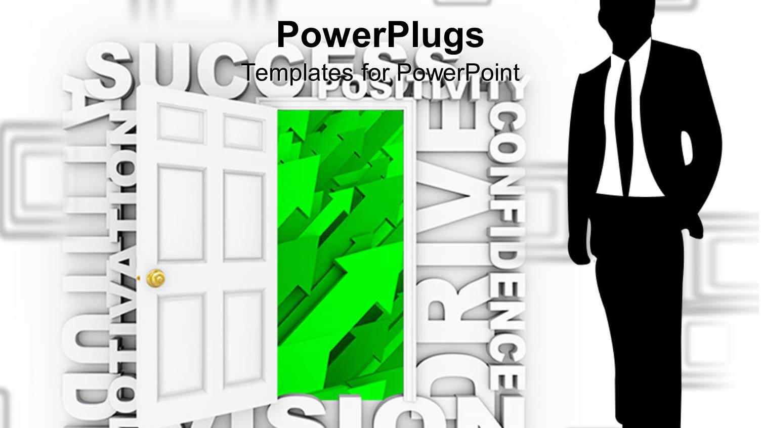 Silhouette of Business Man Near Open Door Displaying Green Arrows and Surrounded by Word Cloud of Success, Positivity,