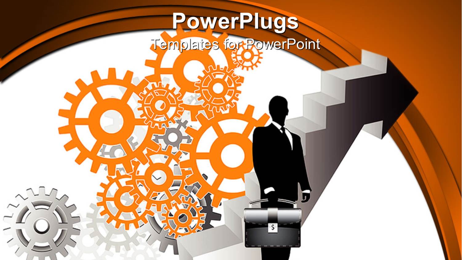 Silhouette of Business Man with Suitcase and Raising Arrow with Gears