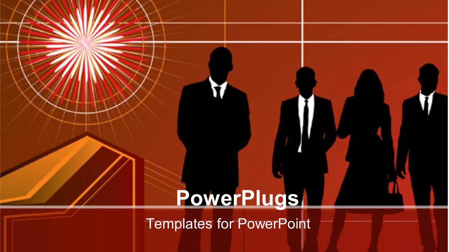 Silhouette of Business Men and Women, Light Burst, Red Background