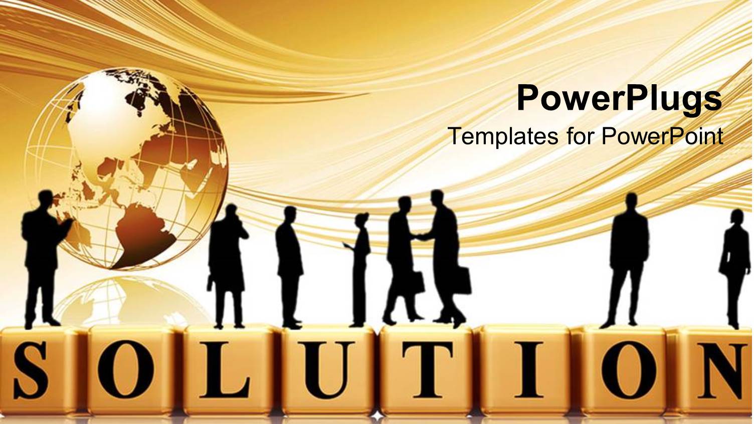 Silhouette of Businessmen Standing on 3D SOLUTION Tiles with Globe on Surface