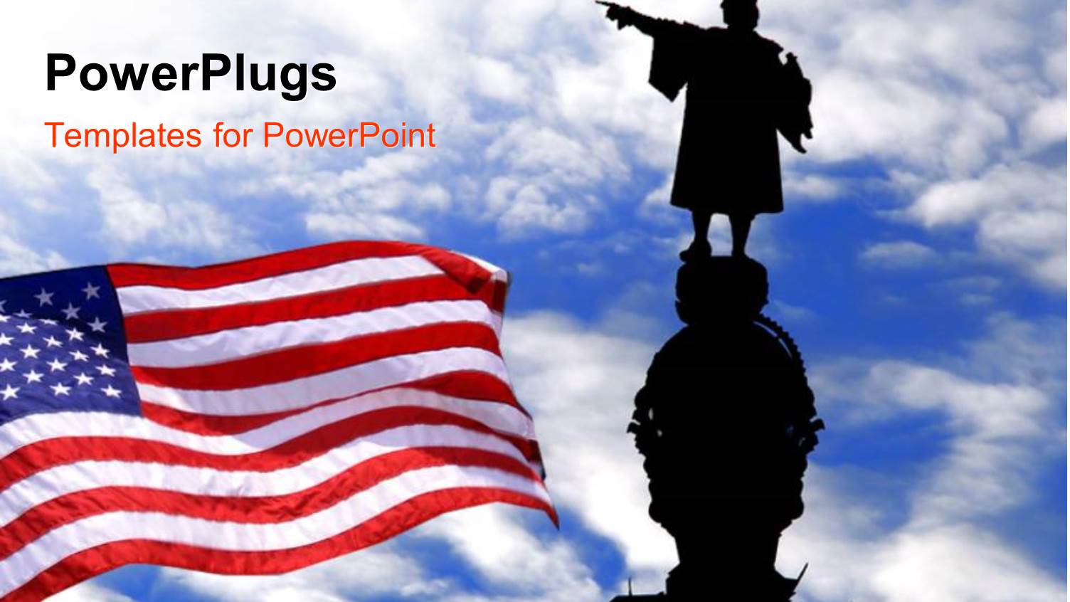 Silhouette of Christopher Columbus Statue with the American Flag Over Blue Sky