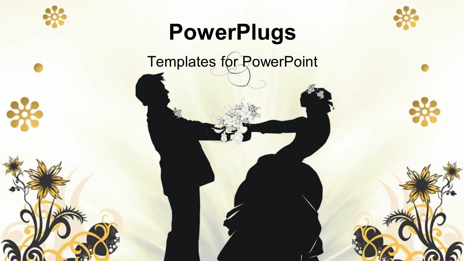 Silhouette of Couple Getting Married, Bride and Groom Holding Hands, Interlocking Hearts, Floral Pattern on White