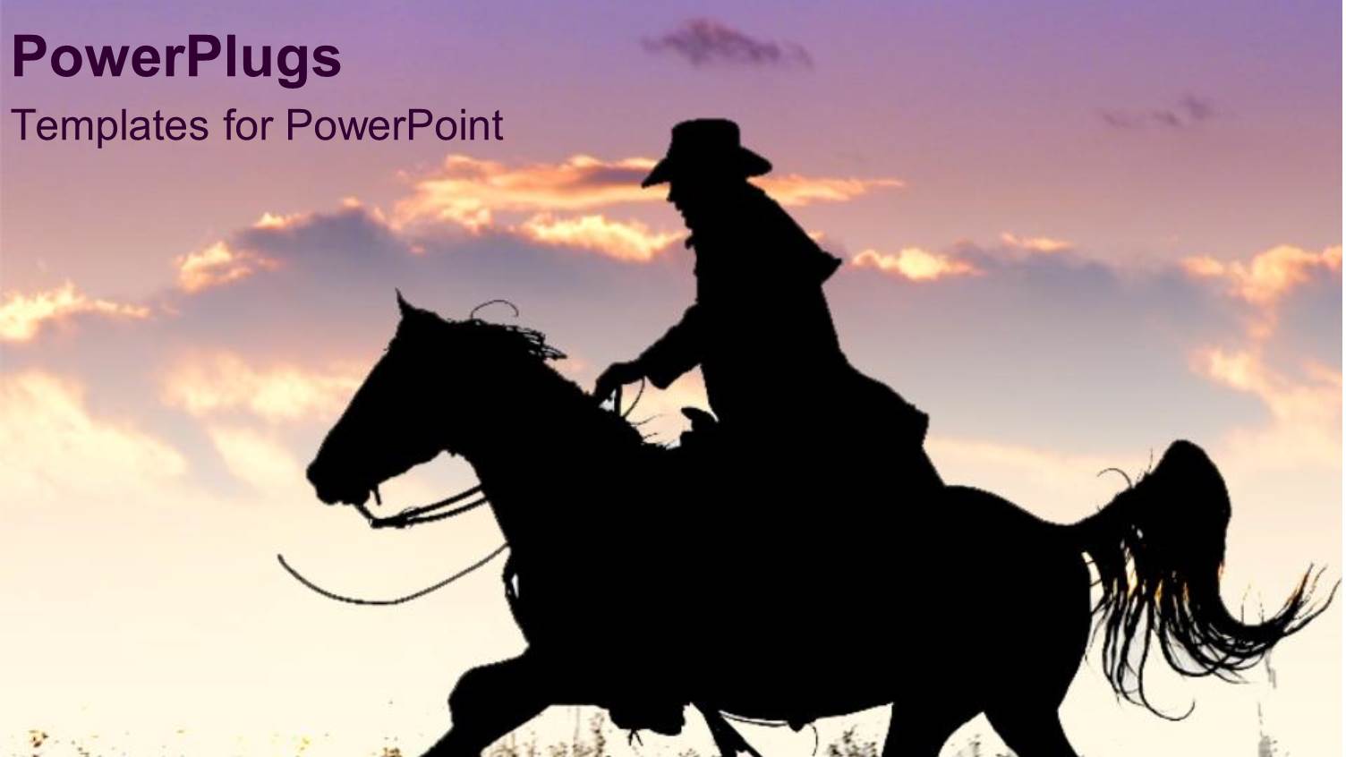 Silhouette of Cowboy Man Riding Horse Through Grassy Field and Sky at Sunset in the Background