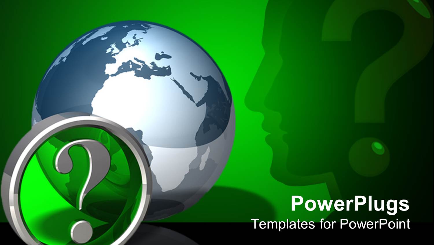 Silhouette of Face Next to Gray Globe and Silver Question Mark on Green Background