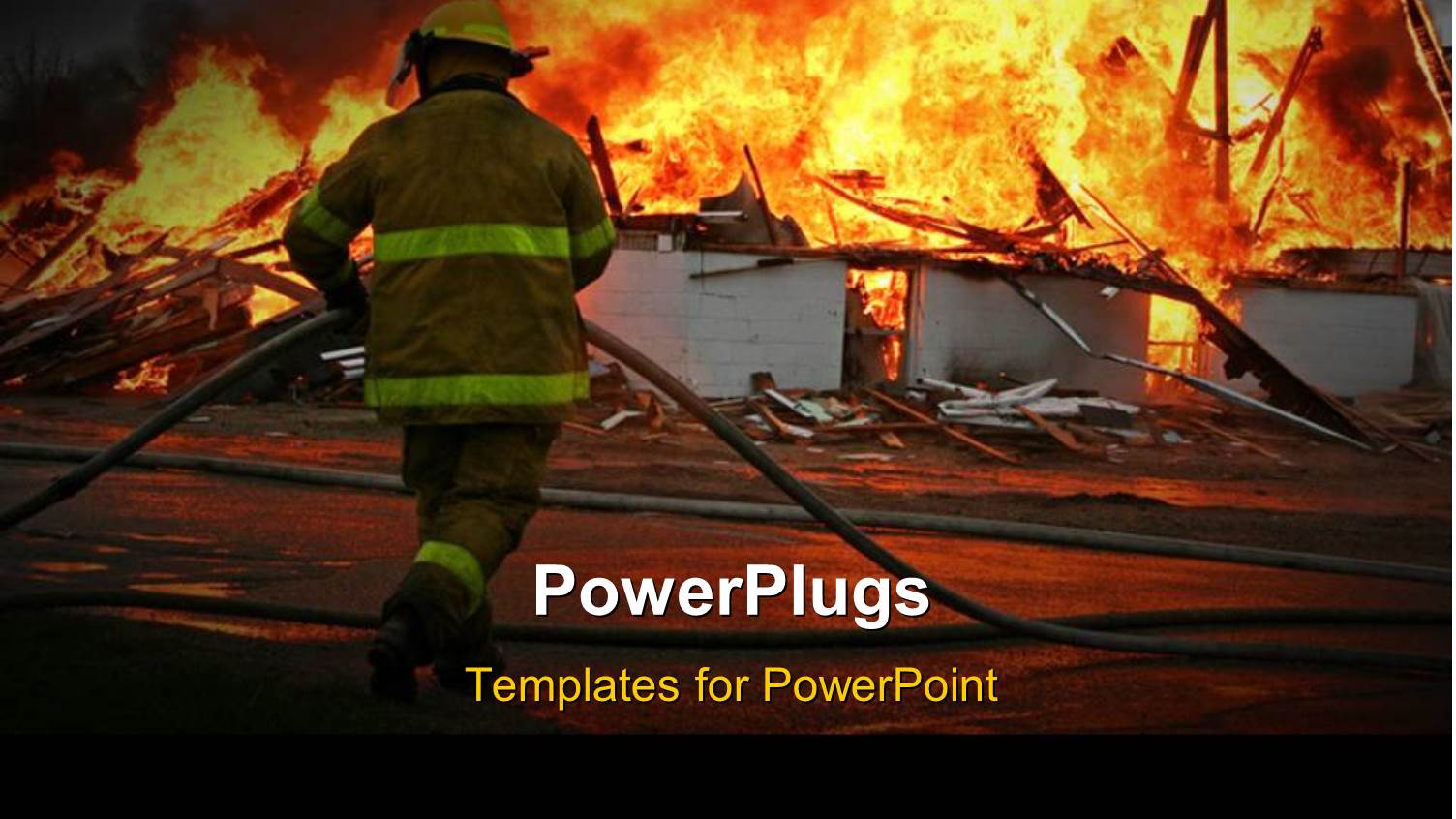 Silhouette of a Firefighter at a Fire Scene with Burning Buildings