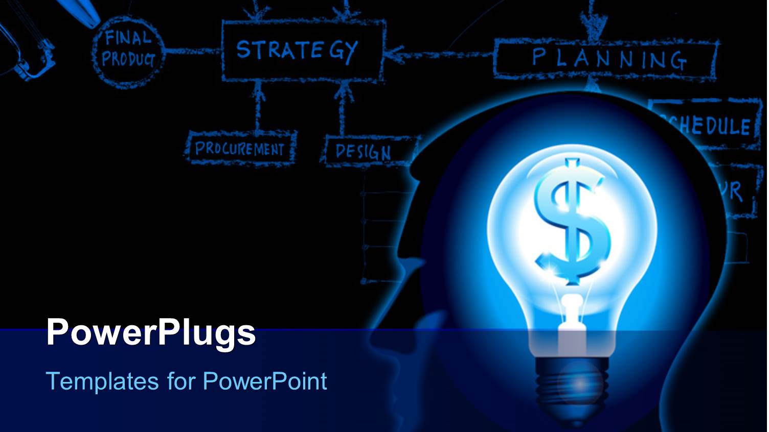Silhouette of a Human Head with a Lamp and a Dollar with Strategy Diagram in the Background