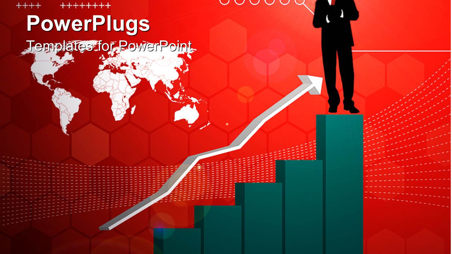 Silhouette of Man in Business Suit Stands on End of Bar Chart Showing Upward Growth