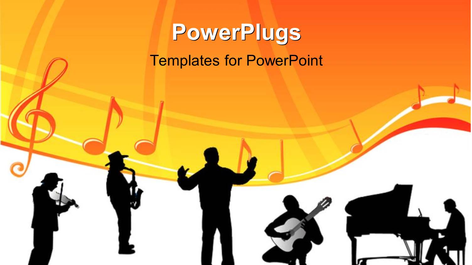 Silhouette of Orchestra with Conductor and Music Notes with Symbols