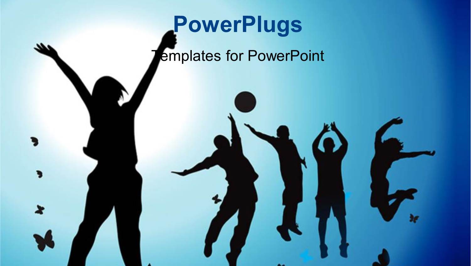 Silhouette of People Dancing with Butterflies on Blue Background 