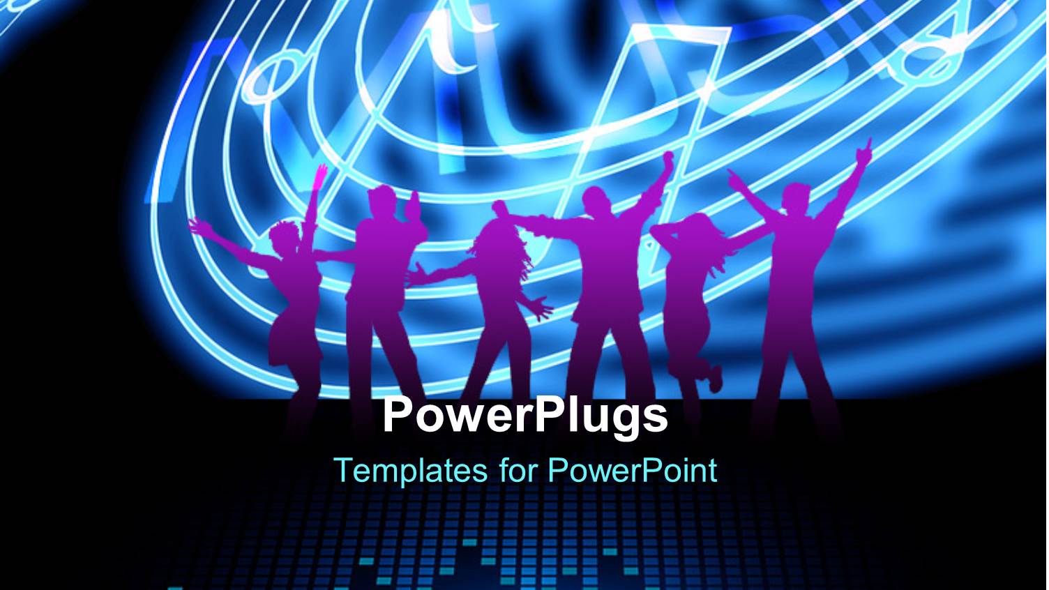 Silhouette of People Dancing on Equalizer Bars with Music Notes in Background