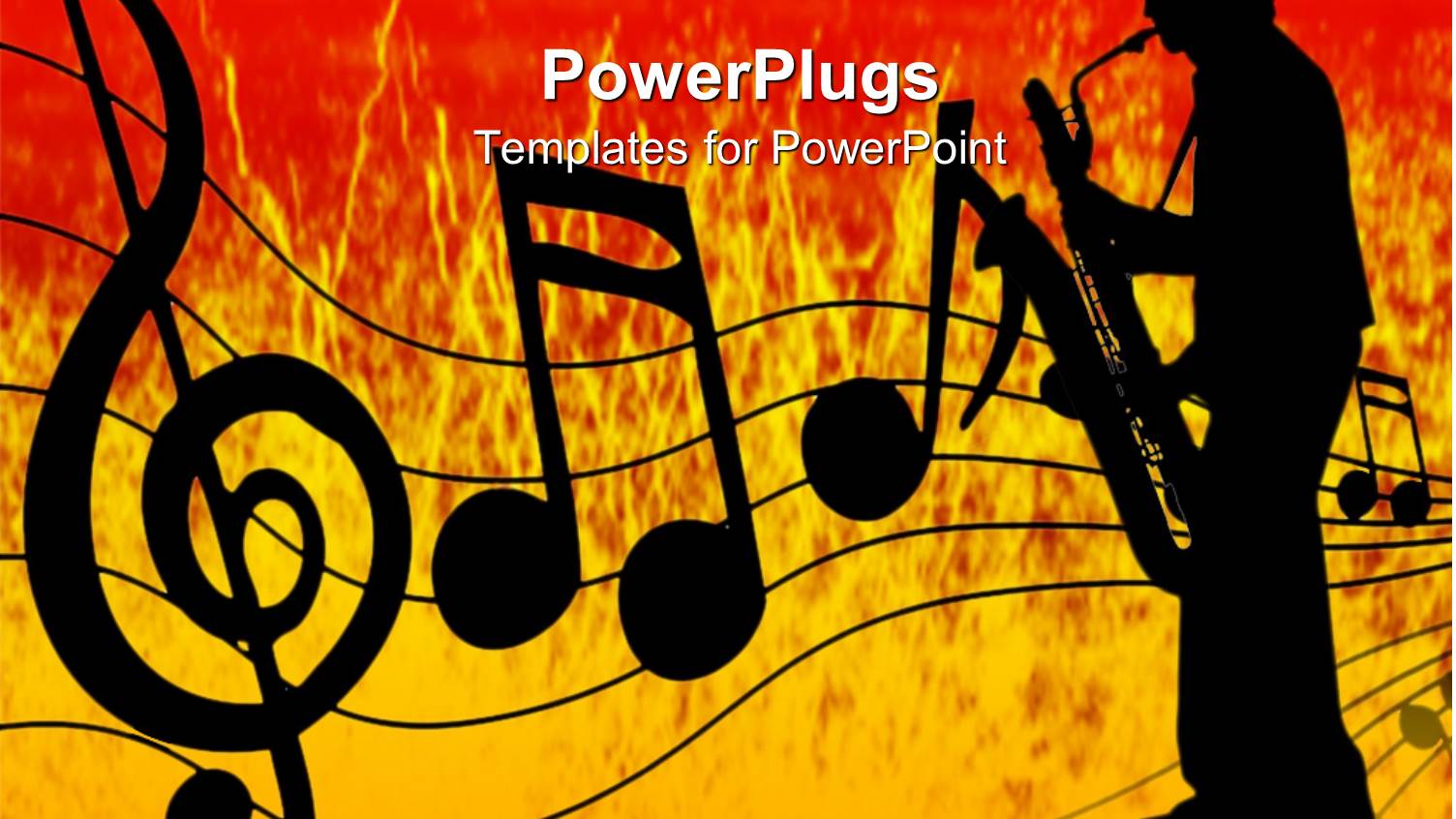 Silhouette Playing Saxophone with Black Music Notes on Orange and Red Surface