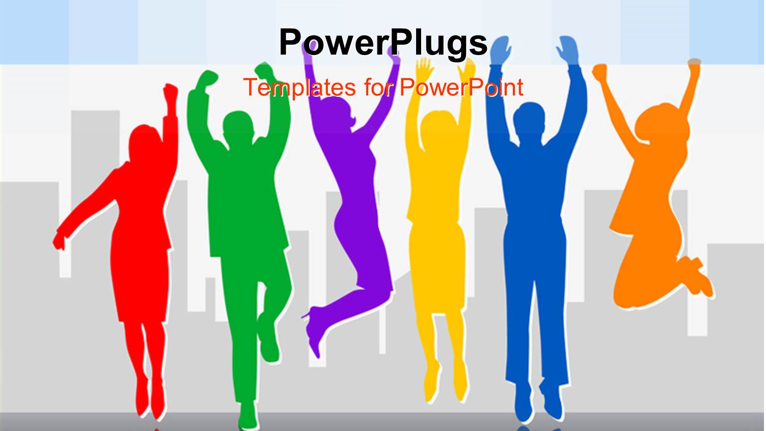 Silhouette of Six Multicolored People Jumping and Dancing on a Reflective Floor