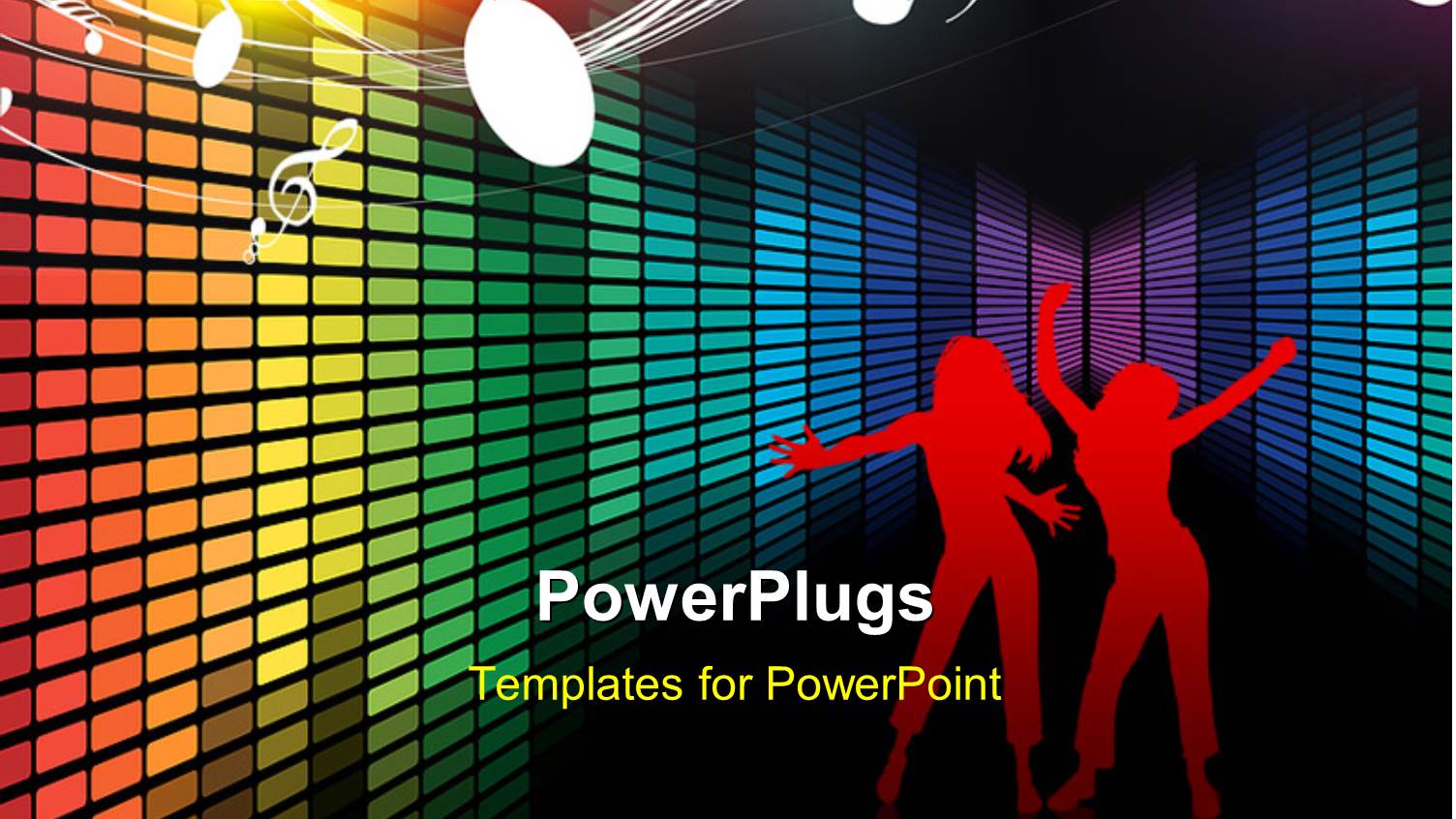 Silhouette of Two People on Black Surface with Colorful Bars and Music Symbols 