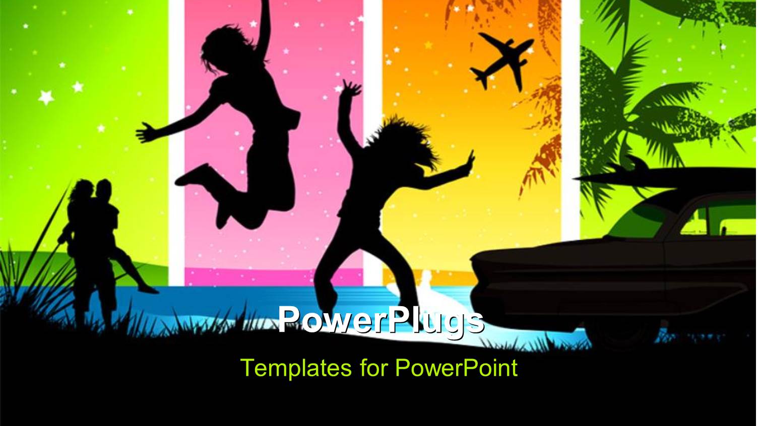 a Silhouette of Two People Jumping Happily on a Colorful Background