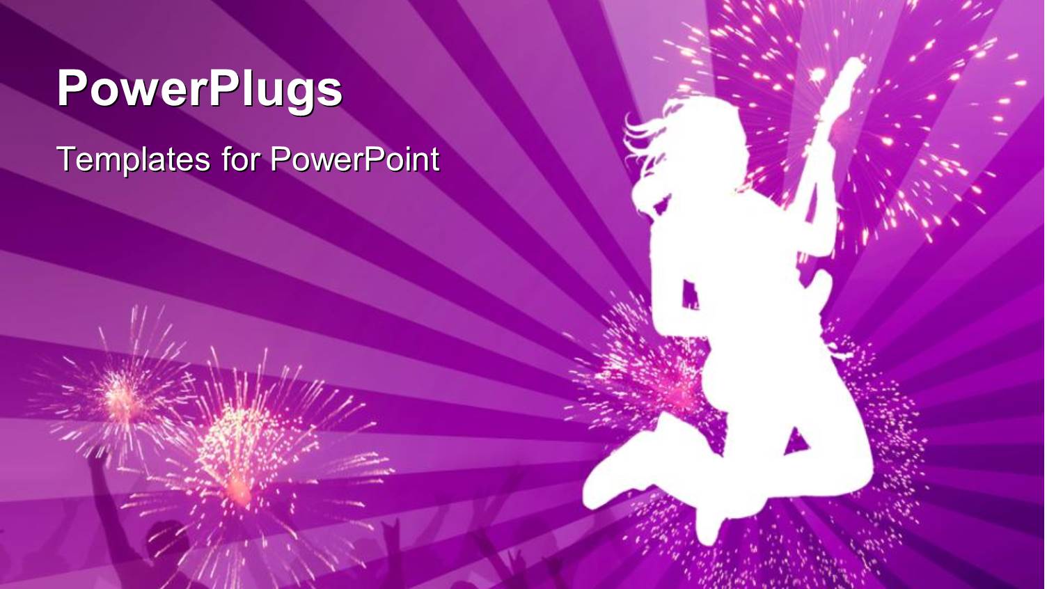 Silhouette of Woman Jumping while Playing Guitar, Fireworks, Concert, Purple Background