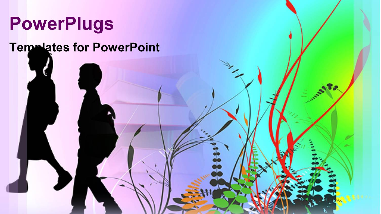 Silhouettes of Boy and Girl Children Going to School, Book Background, Rainbow Colored Plants, Education, Learning