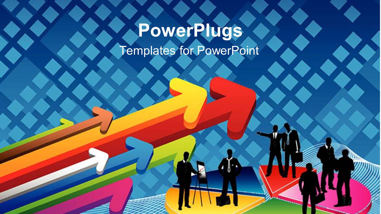 Silhouettes of Business People on Multicolored Pie Chart Next to Group of Colorful Arrows