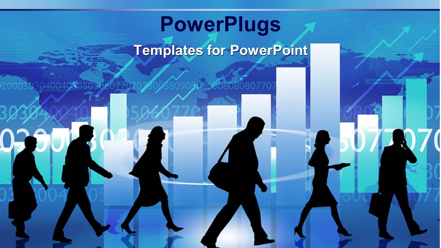 Silhouettes of Business People Walking in Front of Wall with Charts and World Map