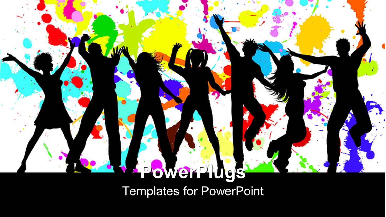 Silhouettes of Dancing Party Goers, White Background Splattered with Bright Colors