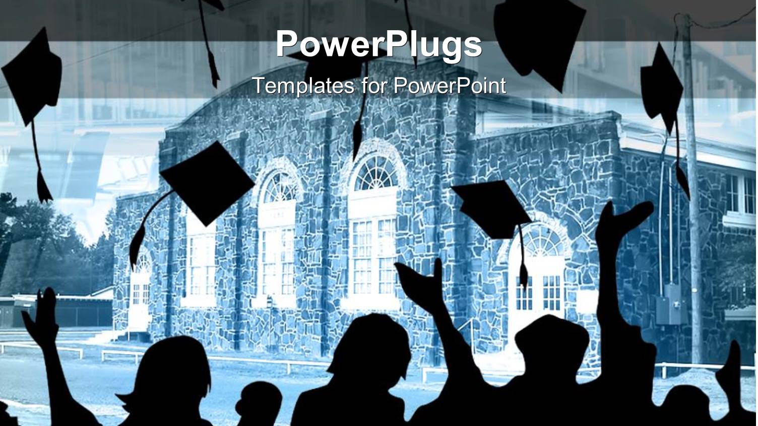 Silhouettes of Graduating Students Tossing their Graduation Caps in the Air, University College Building in the