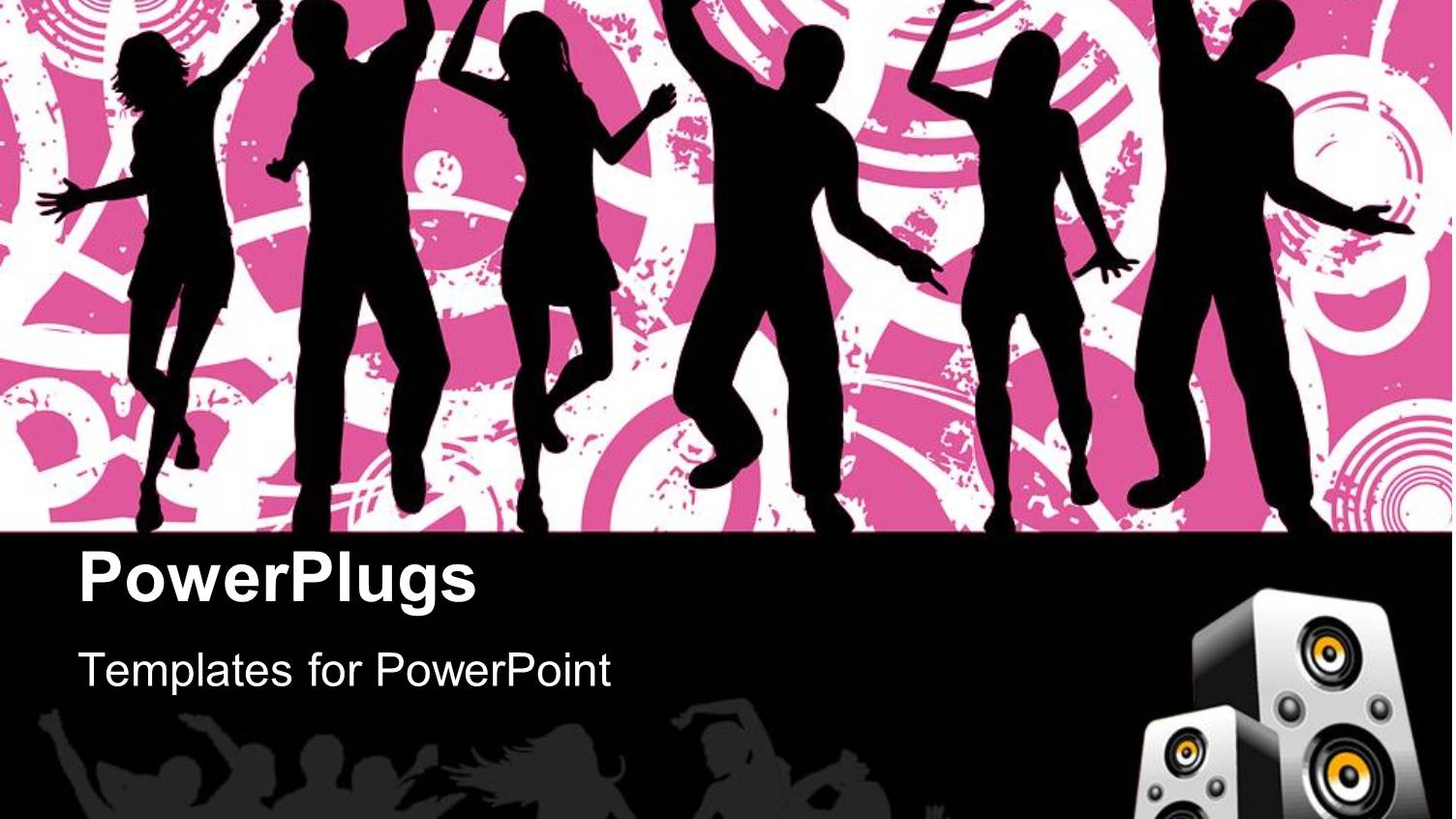 Silhouettes of People Dancing on Pink and White Grunge Background, Speakers on Black Border