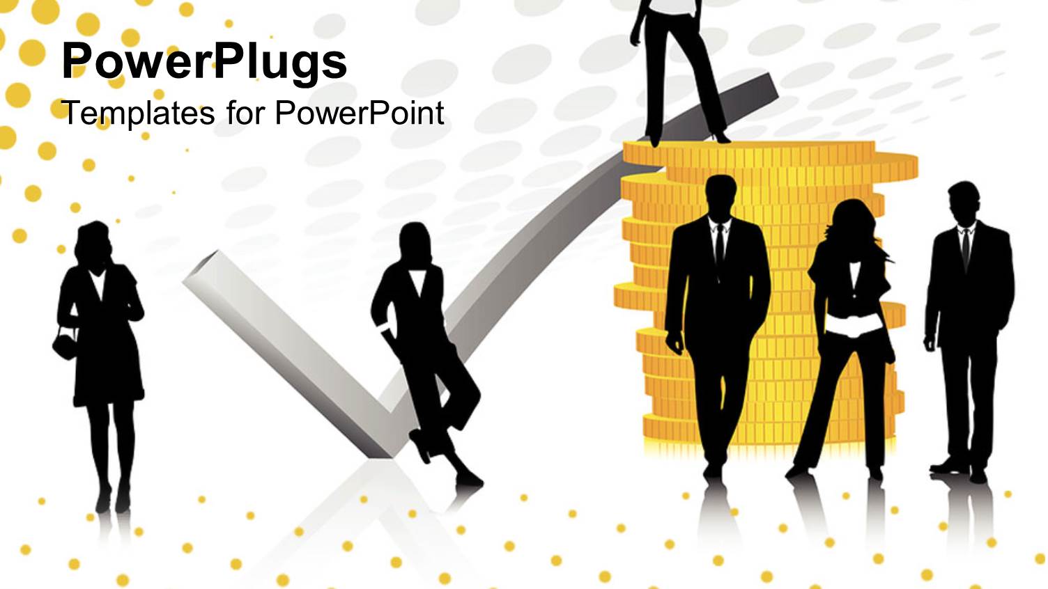 Silhouettes of Professional Men and Women with Silver Check Mark Next to Stack of Gold Coins