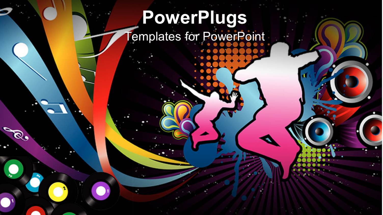 Silhouettes Showing Active People Dancing and Jumping on Fun Music Design with Music Notes and Round Speakers on Disco