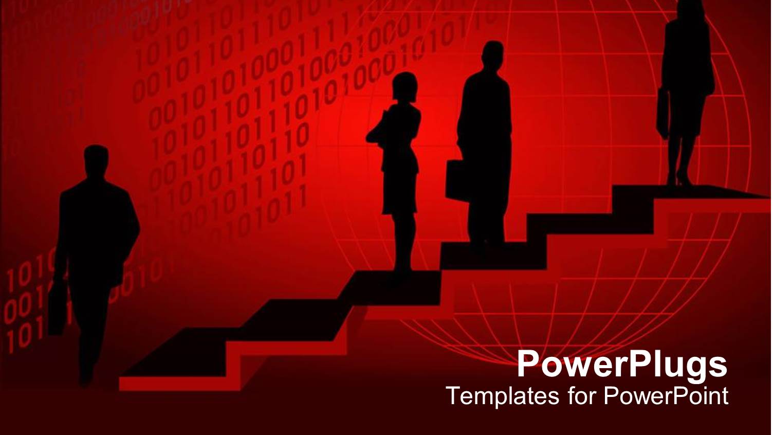 Silhouettes on Stairs with Grid Globe on Wine Background