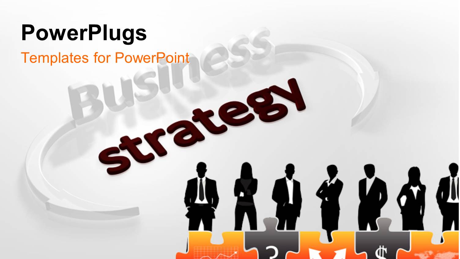 Silhouettes Standing Behind Jigsaw Puzzle Pieces with Business Icons