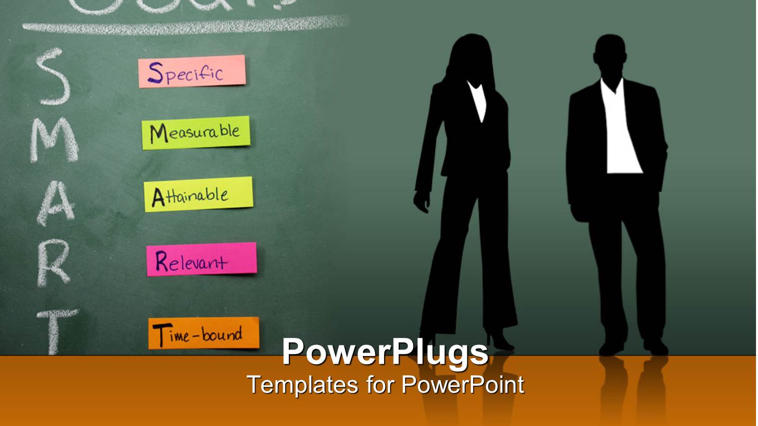 Silhouettes of Two Business People in Front of Blackboard with SMART Goals Sticky Notes
