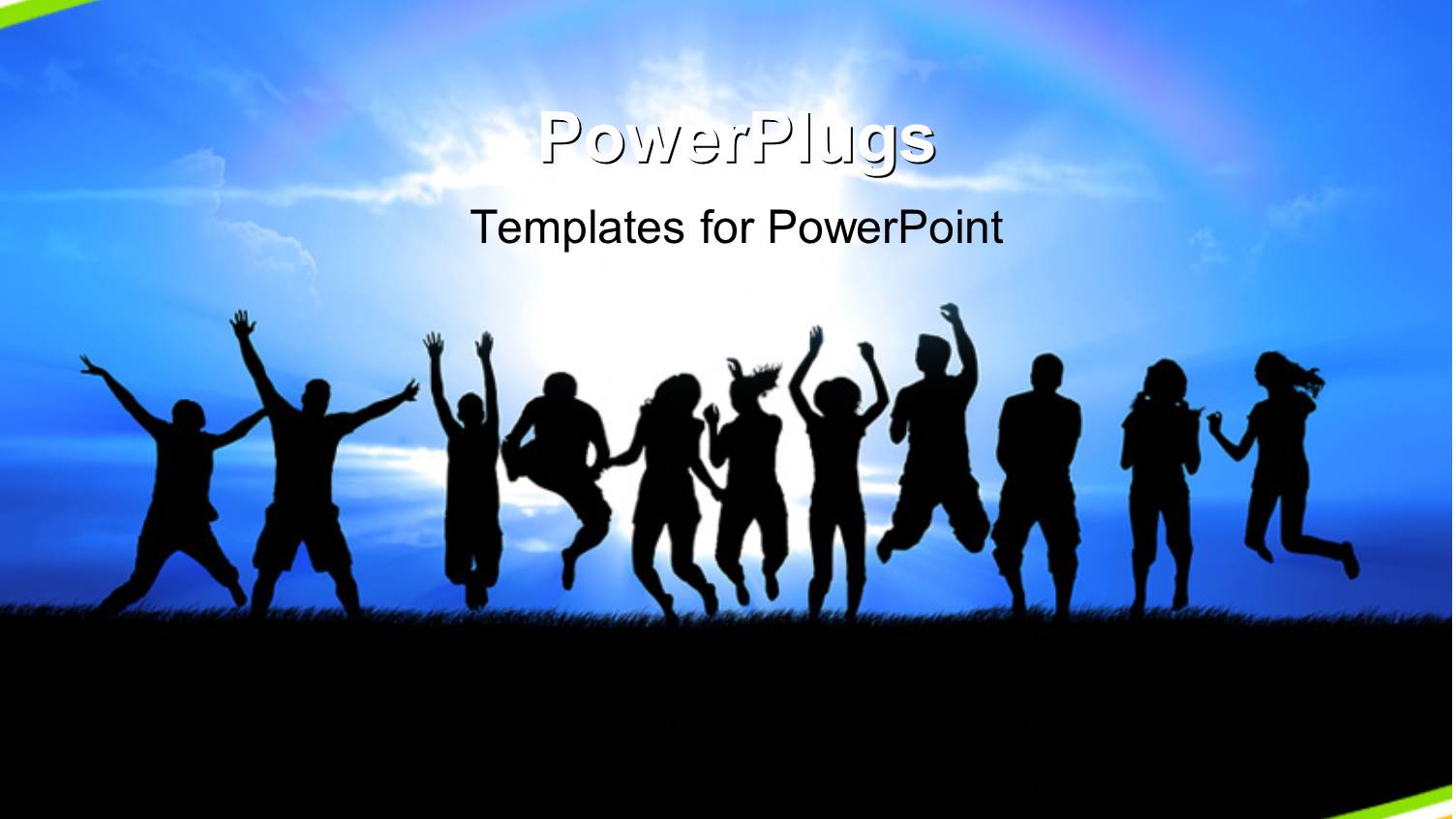 Silhouettes of a Youth Group Jump in Field of Grass Bright Sun Behind