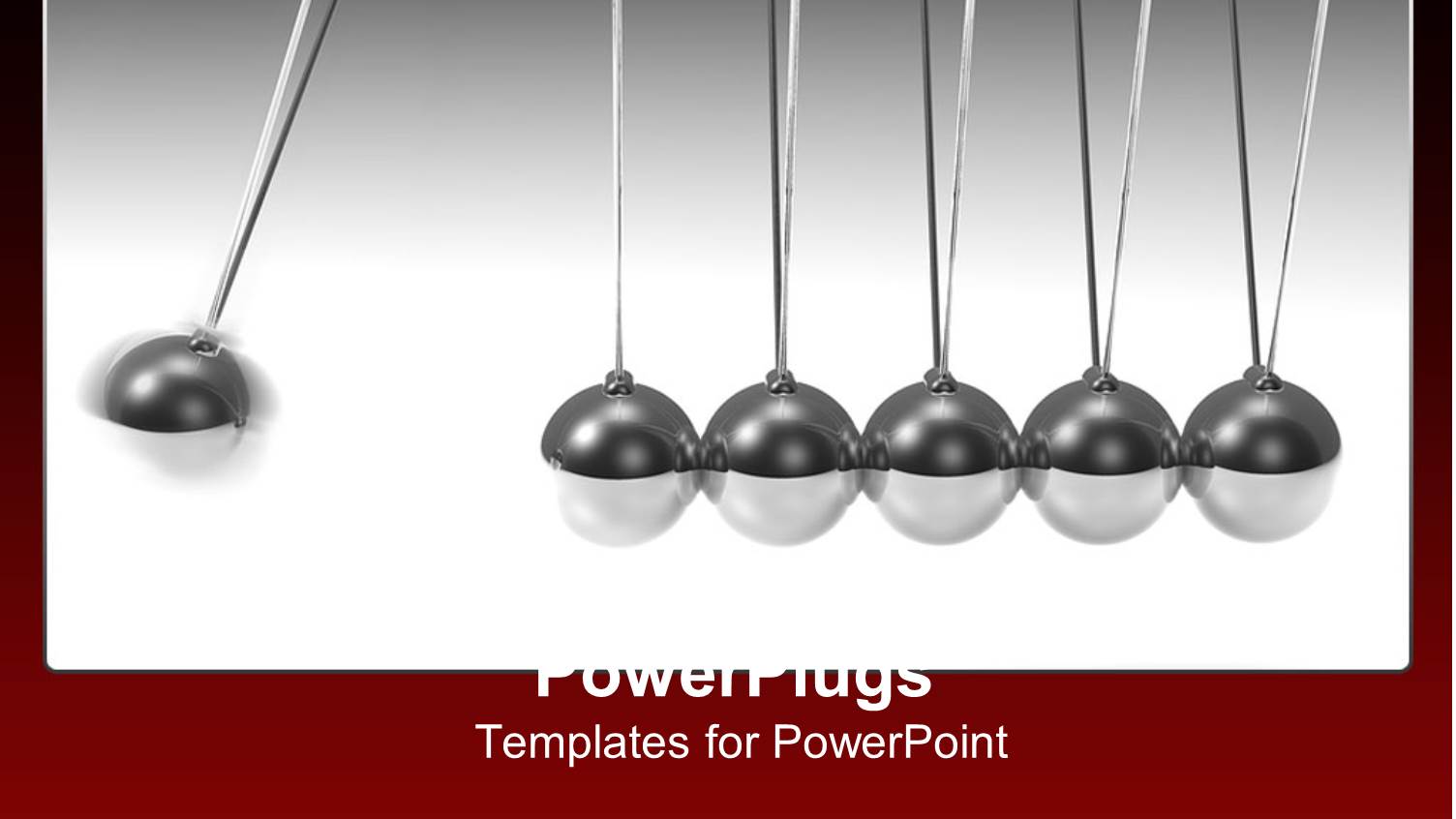 Silver 3D Pendulum with Swinging Ball and Five Standing Balls on Gradient Gray to White and Red Background