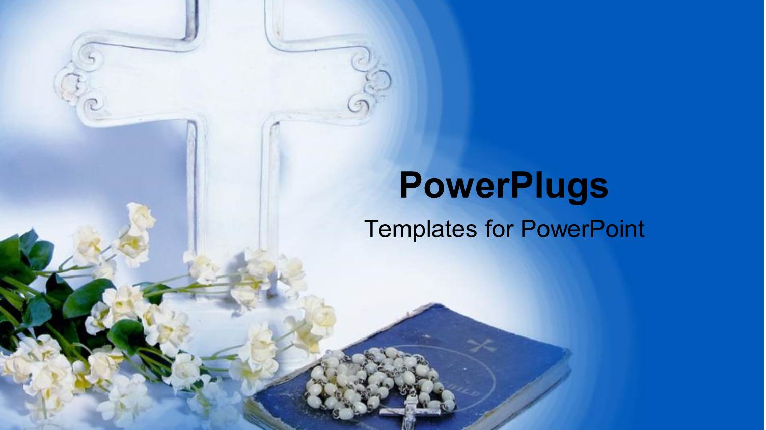 Silver Cross Behind White Flowers and Rosary on Bible