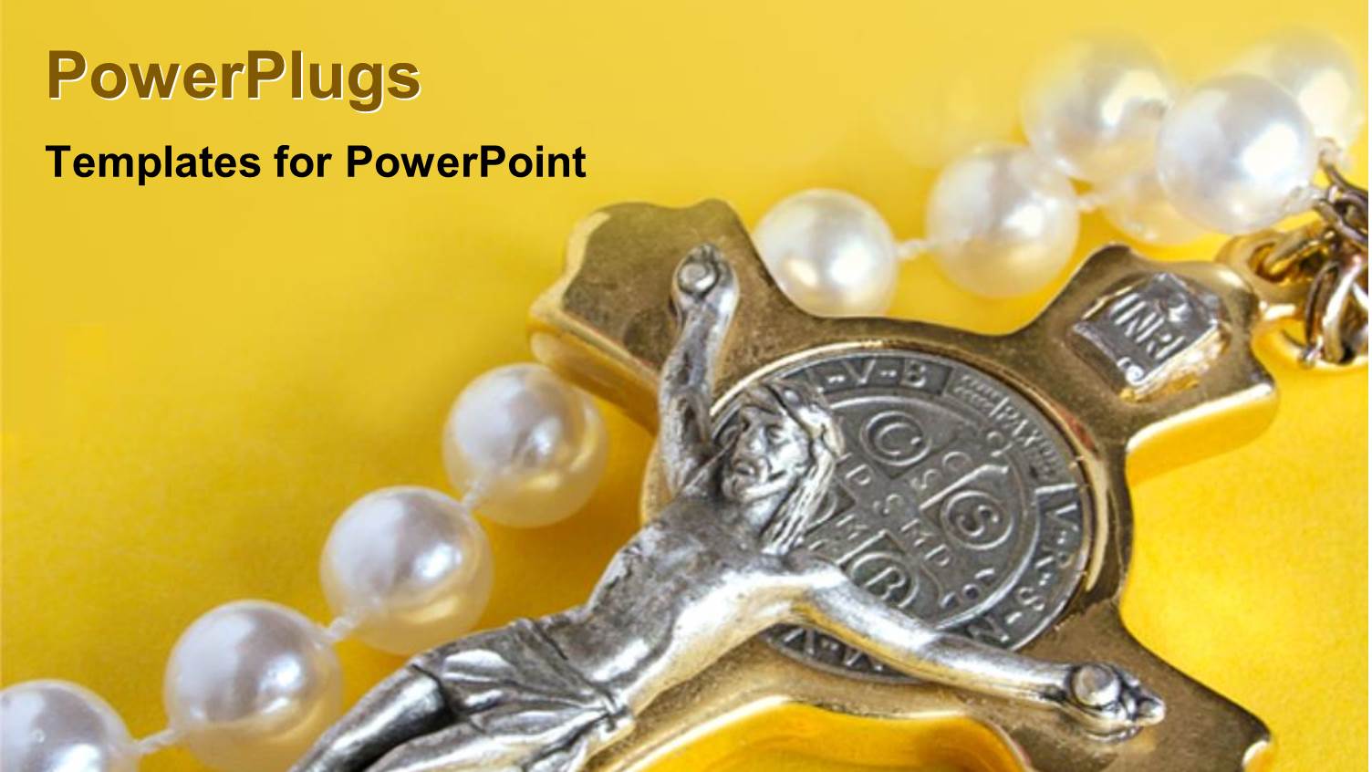 Silver Jesus on Gold Cross with Pearls on Yellow Background