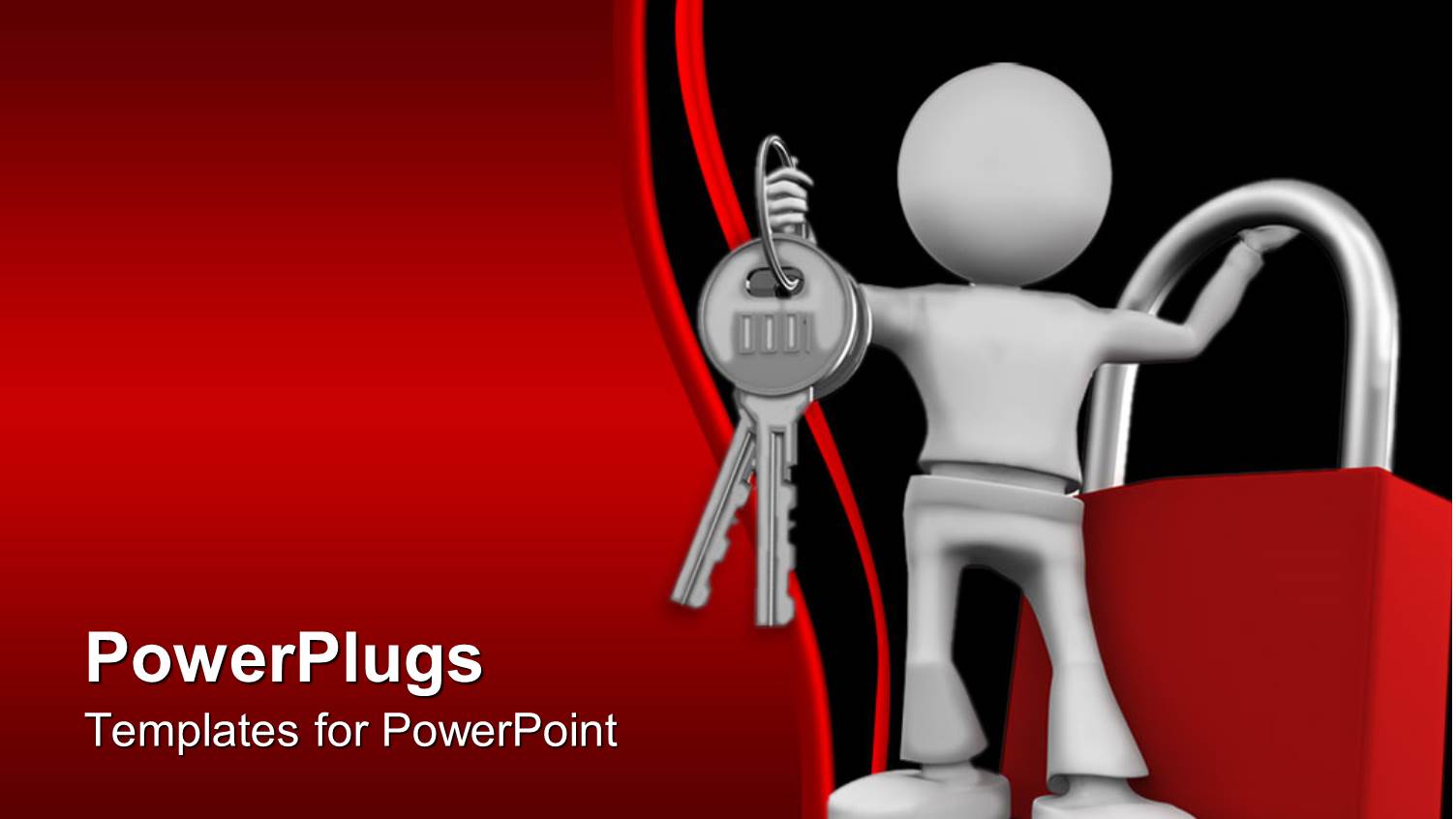 Silver Man Holding Keys and Red Lock with Red Black Wave Background
