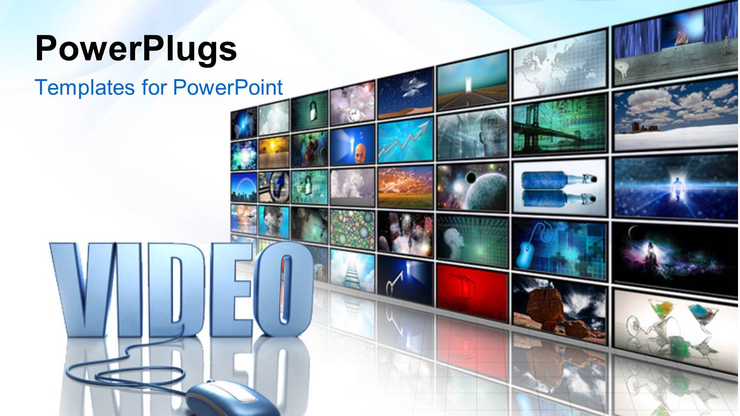 Silver Mouse Plugged into Video Next to Wall of Screens