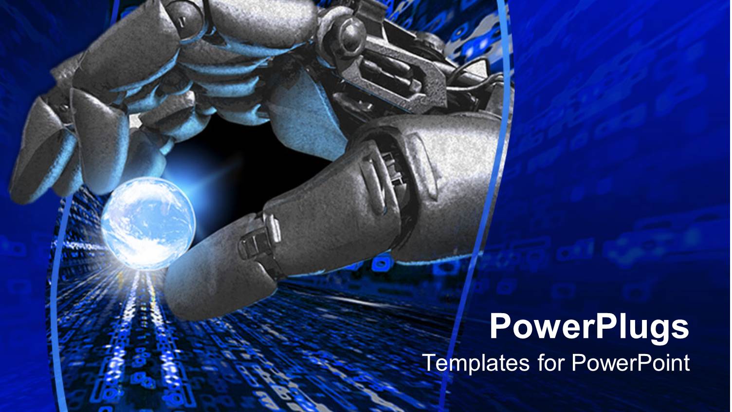 Silver Robot Hand Holding a Glowing Earth Planet Representation Between Fingers on a Dark Blue Background