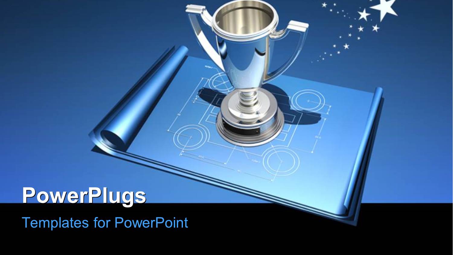 Silver Trophy Sitting on Blue Building Blueprint with Black and Blue Background
