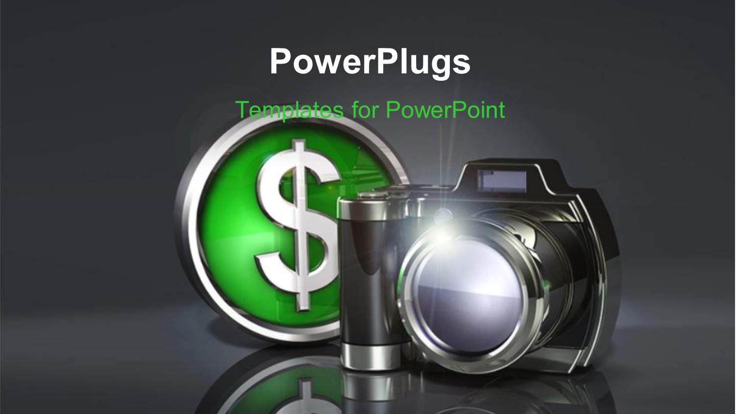 Simple Dark Camera Sitting on a Reflective Gray Surface and Dollar Symbol with Dark Grey Color