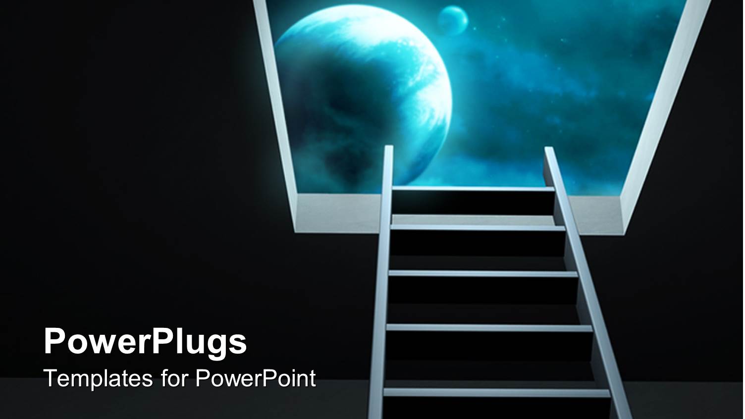 Simple Silver Stairs Going to Planet in Galaxy and Black Background