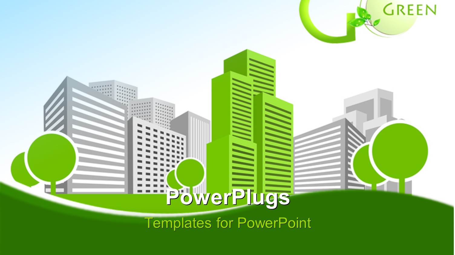 Single Green Building Shines among Many Grey Buildings with Go Green Keyword