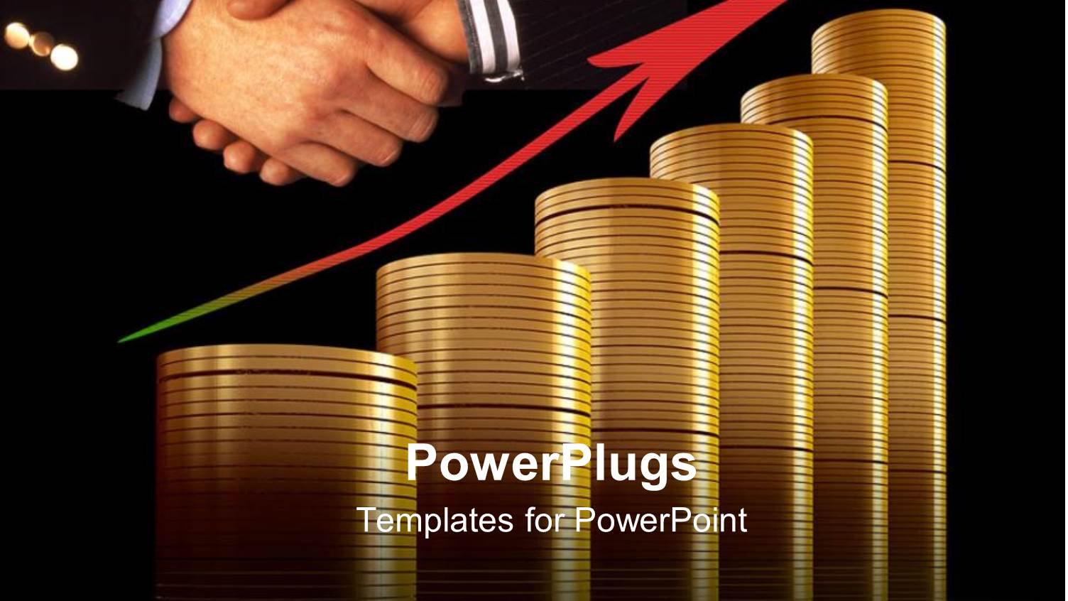 Six Ascending Stacks of Gold Coins with Two Hands Shaking